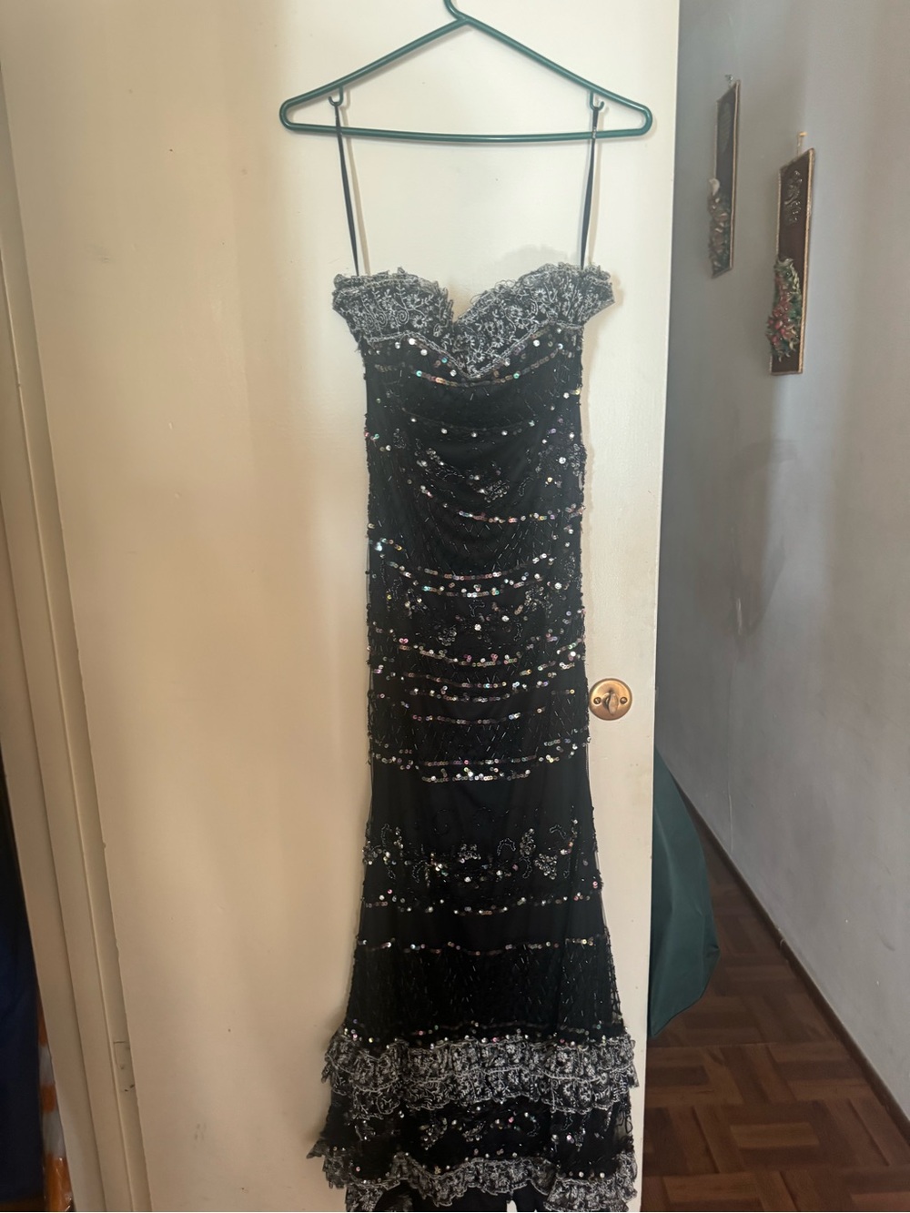 Black Beaded Strapless Prom Dress with Sequin Accents